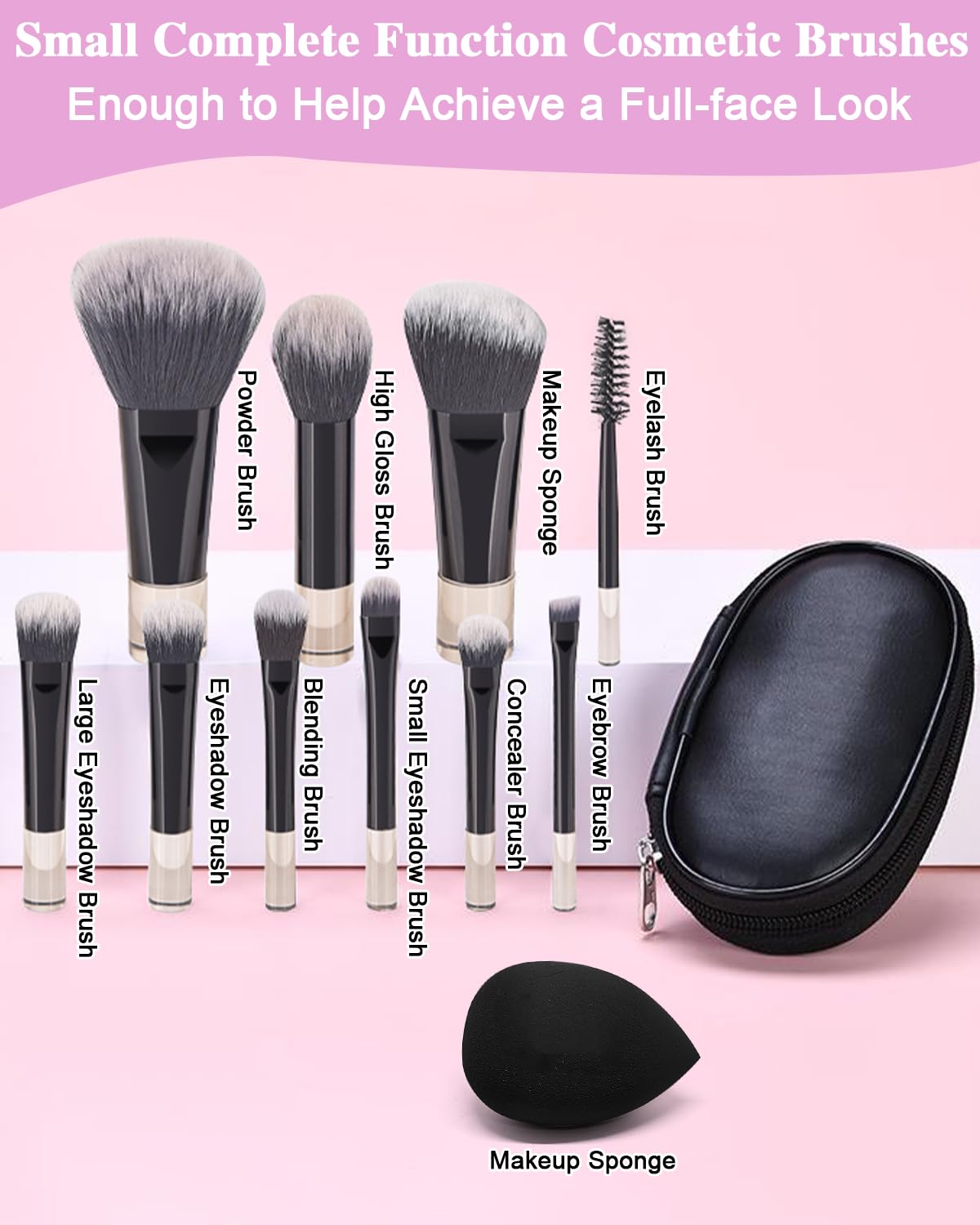 PGRODE Mini Travel Makeup Brushes Portable Set, 14 Pieces, Full Complete Function Cosmetic Kit with Brush Pouch, On the Go Short