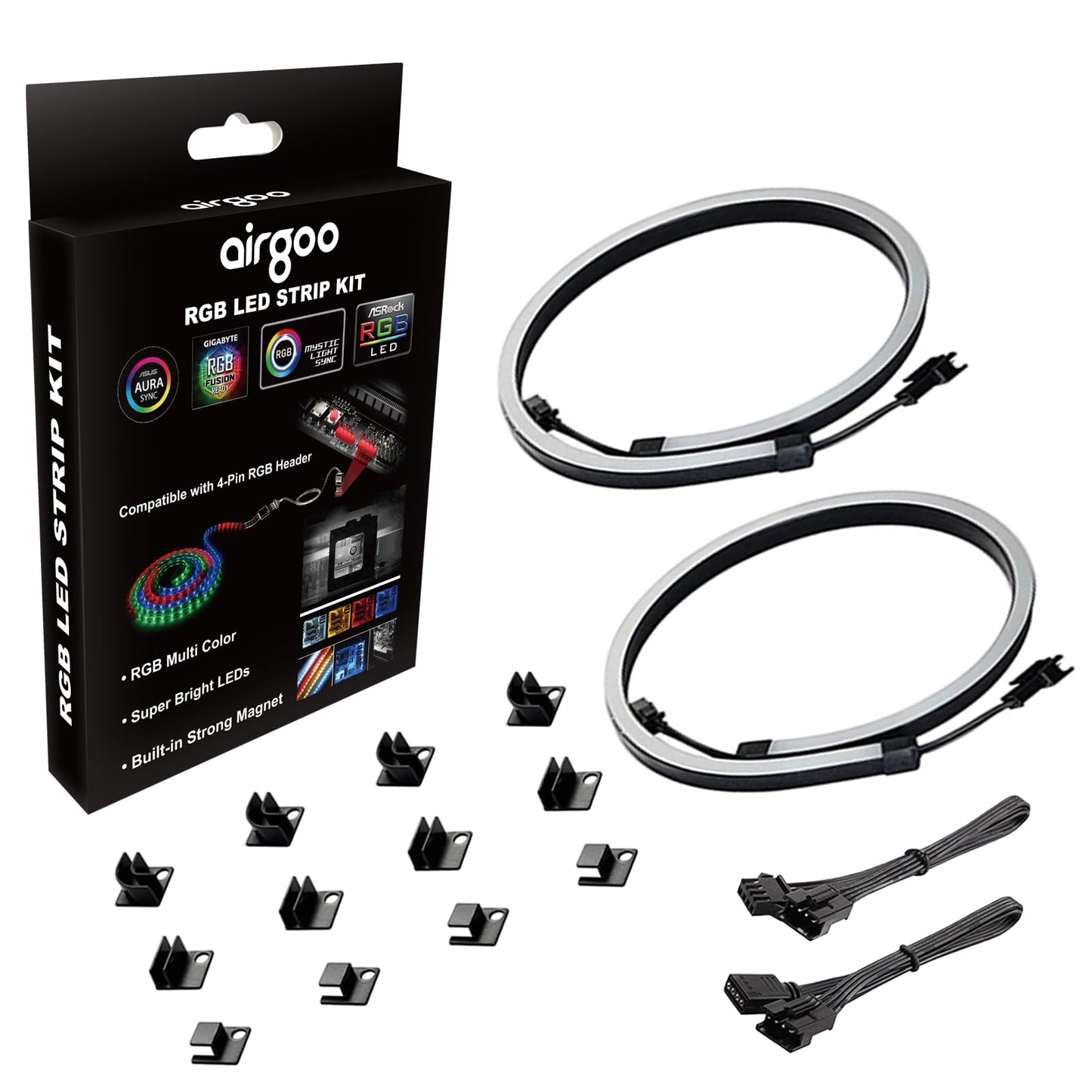 airgoo NEON RGB LED Strip for PC, 12V 4-Pin, Silicone Rubber, Model AG3MCL0001, Neon RGB, Includes 12 Magnetic Brackets