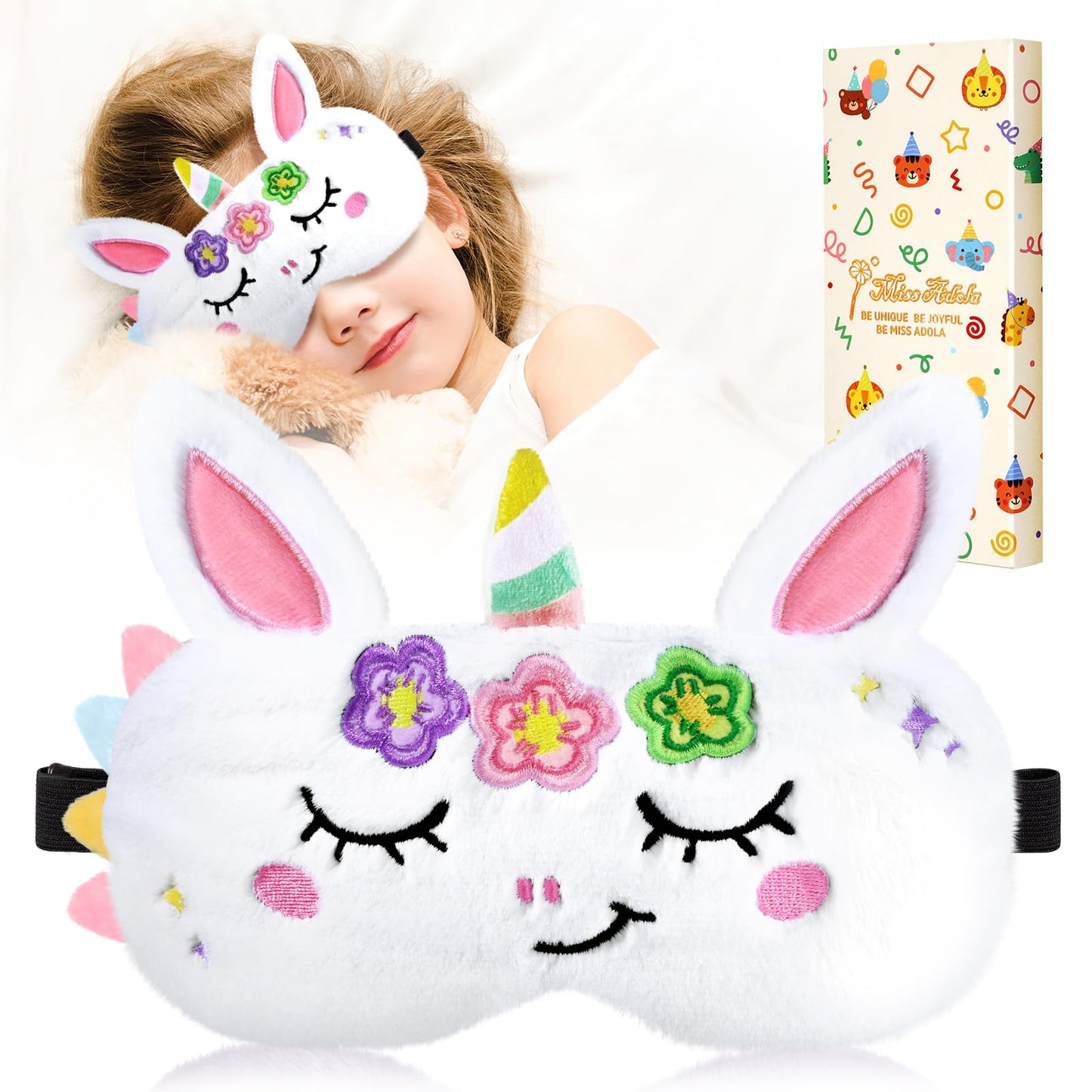 Miss Adola Sleep Mask for Kids - Valentines Gift for Kids Cute Plush Fuffy Sleeping Eye Cover Kawaii Soft Eyeshade Animal Eye Blindfold for Girls Boys Teens with Adjustable Strap, Unicorn