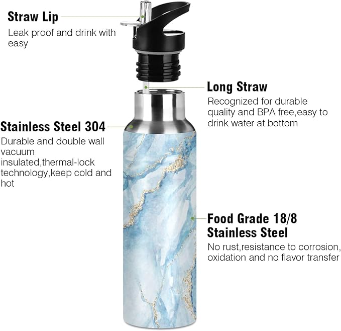 Qilmy Black and White Leopard Water Bottle Vacuum Insulated Stainless Steel Water Bottles with Straw Lid Leakproof Wide Mouth Water Flask for Fitness Outdoor Sports, 20 oz