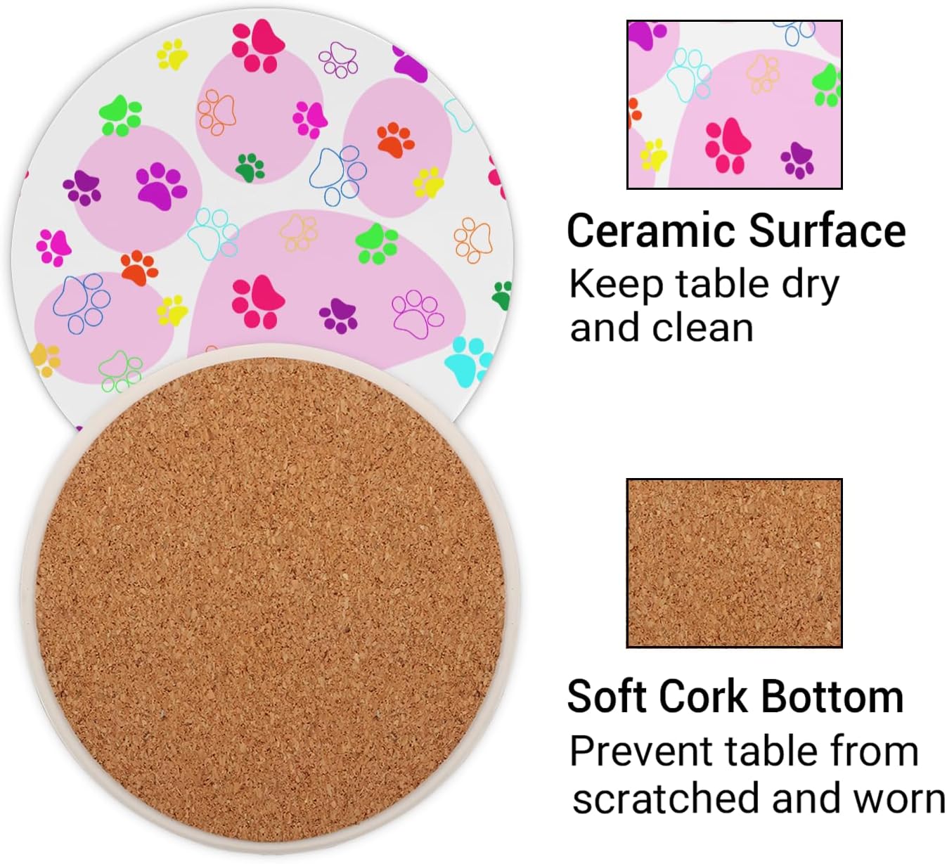 Ceramic Coasters for Drinks with Cork Back, Colorful Paw Prints On Pink 4 Inch Absorbent Coaster Set 1 Pack, Quick Dry Non-Slip Coaster Mats for Home, Office, Bar