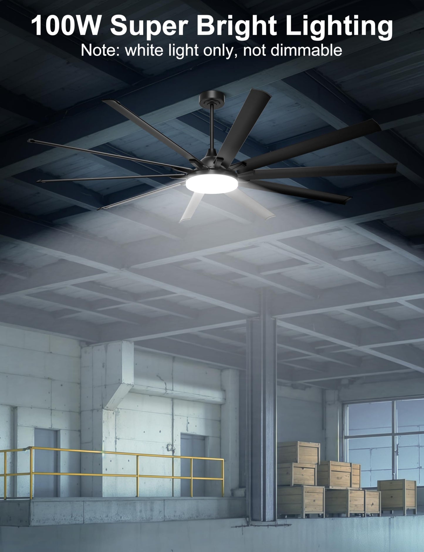Ohniyou 96 Shop Ceiling Fan With Bright Lights - Remote/App Control, High Cfm, Extra Large Industrial Ceiling Fan For Covered