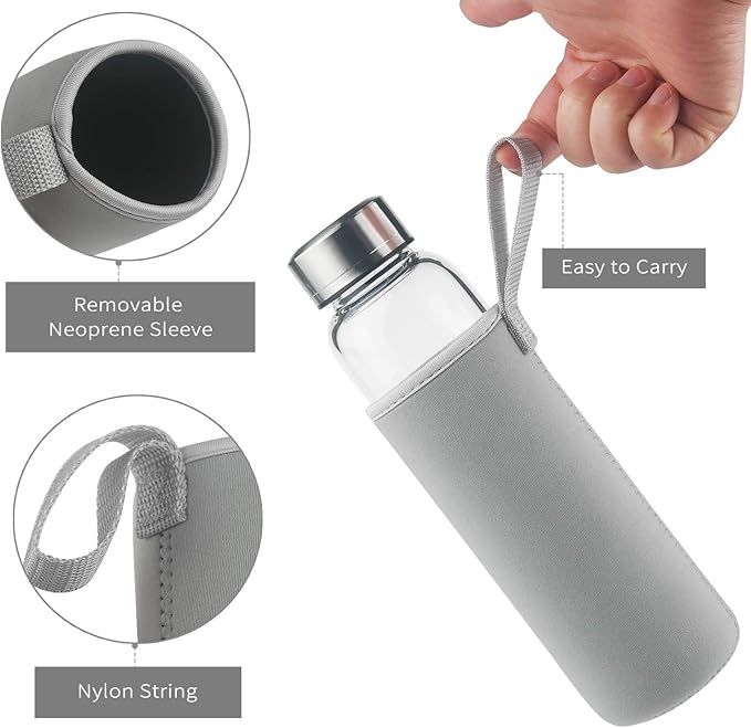 Borosilicate Glass Water Bottle, Sports Glass Drinking Bottle with Neoprene Sleeve and Stainless Steel Lid 16oz / 32oz (16oz, Blue Leaves)