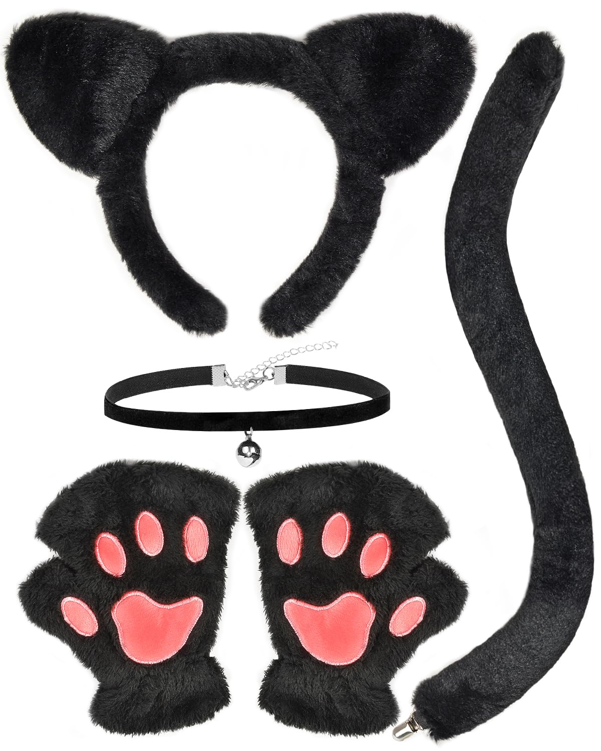 Gofriipai Black Cat Costumes, Cat Ears Headband Tail Paws Gloves Collar Set, Costumes for Women, Halloween Costume Accessories for Adults Girls