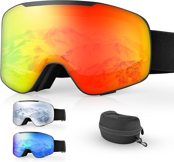 Beautiq Unisex Ski Goggles with Magnetic Flip Cover, OTG Compatible Snowboard Goggles for Winter- Anti-Fog & U V Protection