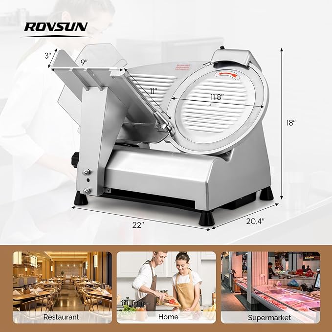 ROVSUN 270W Commercial Meat Slicer, 12 inch Electric Meat Slicer Machine with Adjustable Thickness(0-18mm), Frozen Meat Deli Cheese Food Slicer with Upgraded Carbon Steel Blade for Home and Commercial