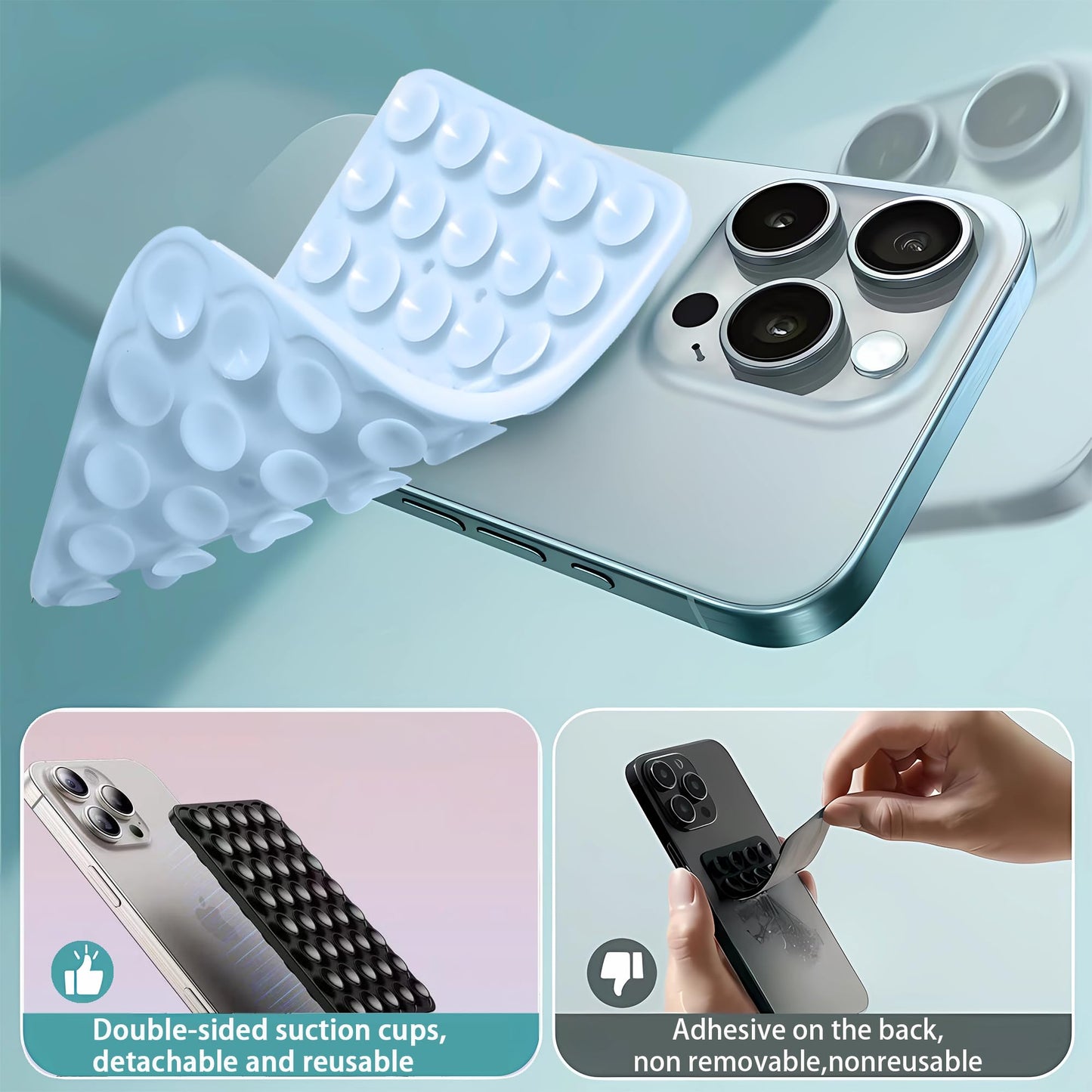 Silicone Double-Sided Suction Phone Grip Detachable - Car Dashboard/Mirror Phone Holder, Reusable, Waterproof, Stress-Relieving