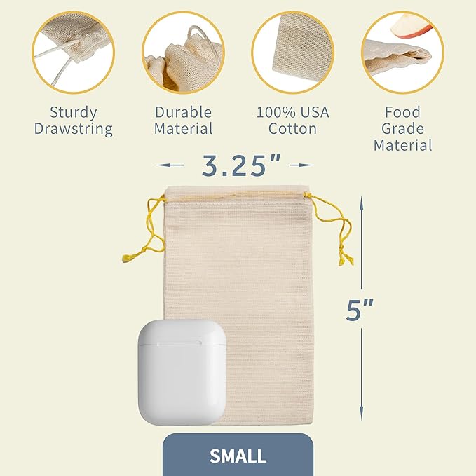 Celestial Gifts Muslin Bags - Double Drawstring Bags Small 100pcs - 3.25x5, Reusable Tea, Jewelry, Gift, Spice and Sachet Bag - 100% Cotton - Made in USA - (Natural Hem & Yellow Drawstring)