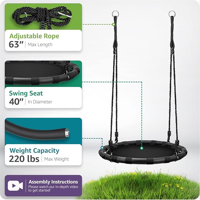 Sorbus Saucer Tree Swing -Kids Outdoor Disc Round Swing - 40" Heavy Duty 220lbs Seat- Easy Install Flying Saucer Web CircleSwing- Perfect for Gift,Playground, Birthday, Xmas, Indoor Outdoor TireSwing