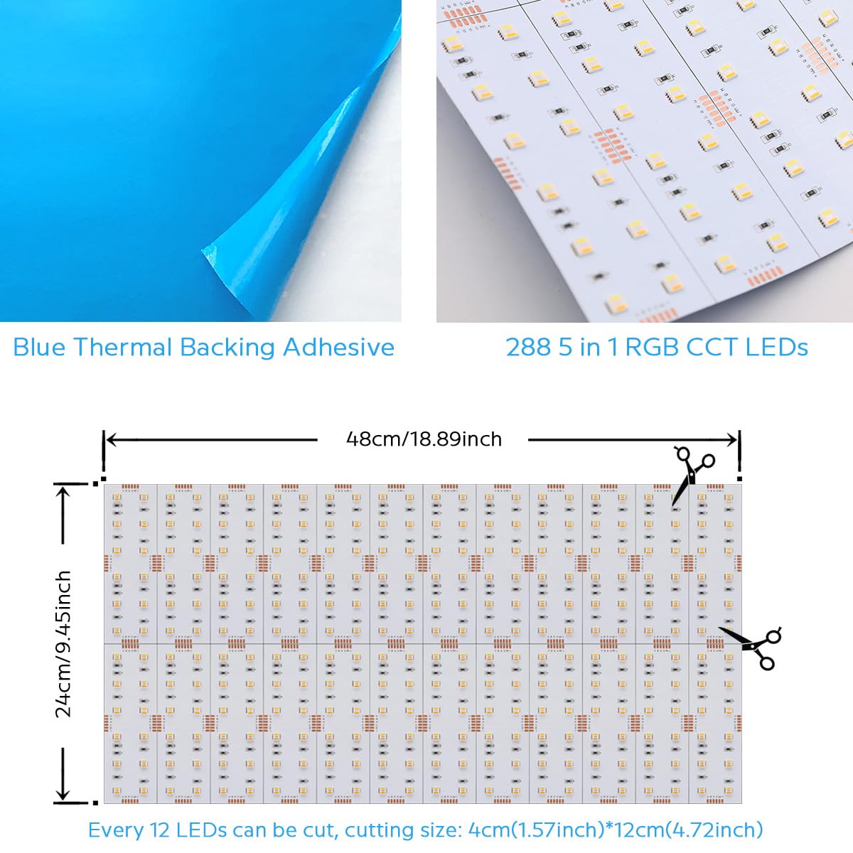 19"x9.5" Flexible LED Panel Sheet RGBCCT 5in1 Color Changing Ultra Thin Cuttable 90W 2.5A 24V LED Light Sheet RGBWW 2600K~6500K, Adhesive Backing, 288LEDs (RGB+CCT(2600-6500k))