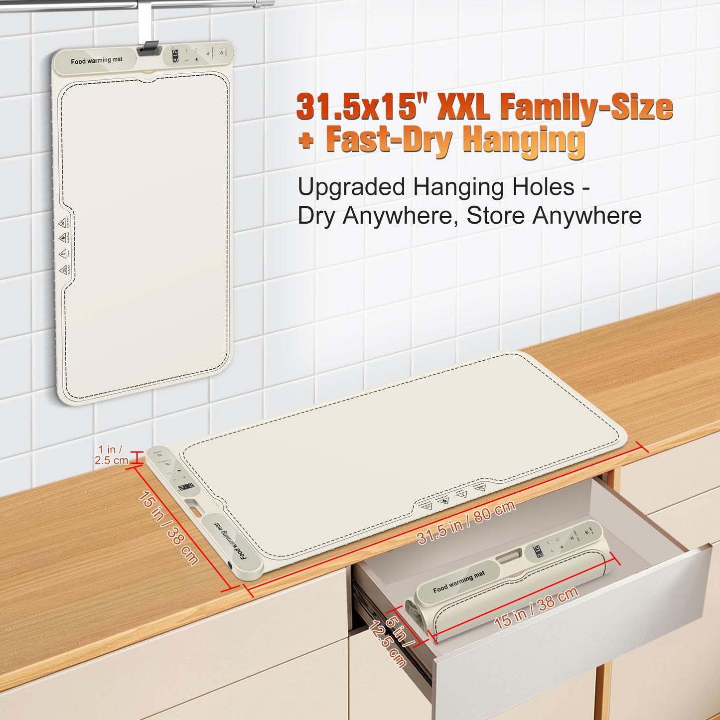 ATAUSD Warming Mat for Food Extra Large, Electric Warming Tray, 15"x31.5" Silicone Heating Mat with 7 Level Adjustable Temp and 8 Hours Timer, Food Warmer for Parties Buffet Home Travel, Beige
