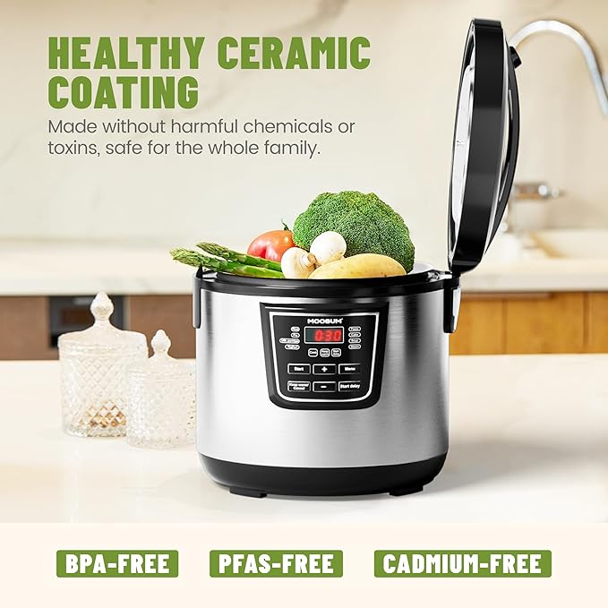 20 Cup Cooked (10 cup uncooked) Rice Cooker with 8 Functions, Healthy Cooking Ceramic Coating Pot, Removable Inner Cover with Steamer, Silver