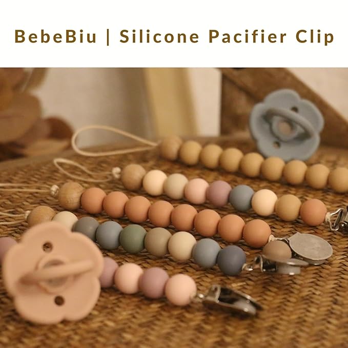 2 Pack Pacifier Clips, Silicone Pacifier Clip for Baby Boys and Girls, Baby Pacifier Strap with Silicone Beads, Soother Dummy Holder, Pacifier Holder, Keeps Pacifier Clean (Blossom/Apricot)