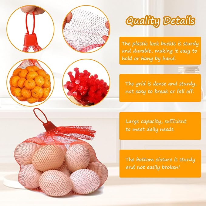 Limso 100 PCS Seafood Boiling Bags, 24 Inch Seafood Bag Onion Bag Mesh Nylon Netting, Reusable Mesh Produce Bags, With Loop-Style Closures (Red)