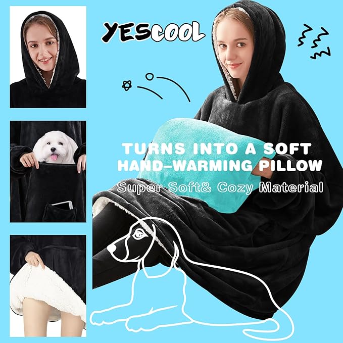 yescool Wearable Blanket Hoodie, Flannel Sherpa Fleece Blanket Sweatshirt for Adults Women Men,One Size Fits All