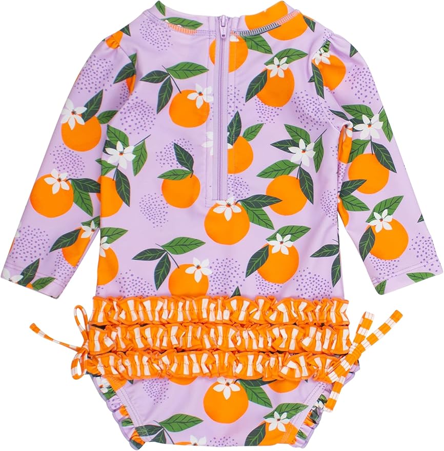 RuffleButts Baby Girls UPF 50+ Sun Protection Novelty Print Long Sleeve One Piece Rash Guard Swimsuit with Zipper