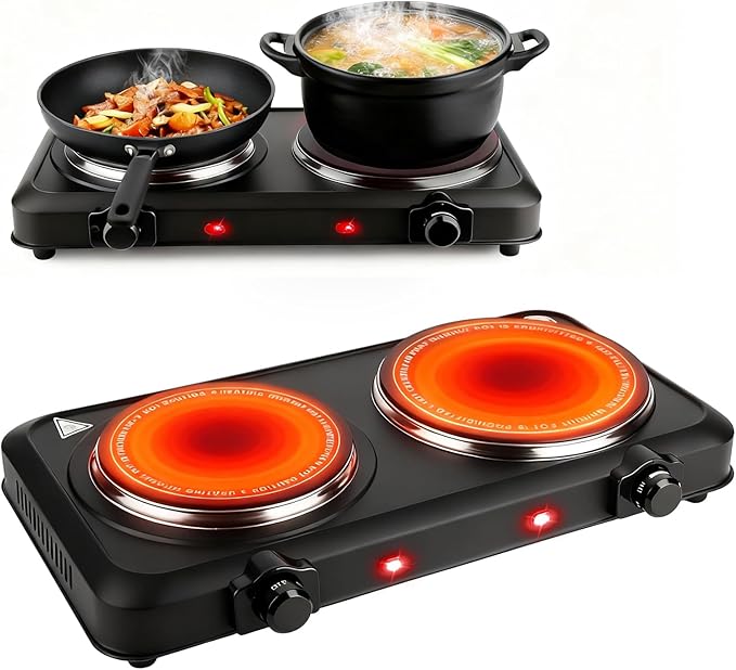 Double Burner Infrared Electric Cooktop, 2000W Double Burner Hot Plates for Countertop with 7.5” & 6.3” Glass Cooktop, Stepless Temperature Adjustments for Home RV Camping