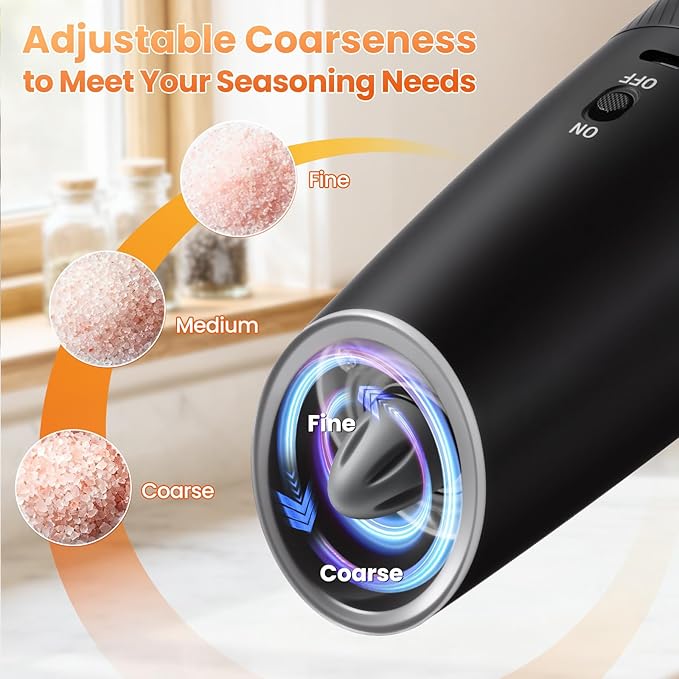 Gravity Electric Salt and Pepper Grinder Set with LED Light, Automatic Rechargeable Pepper Mill Grinder, Adjustable Coarseness for Peppercorn, Large Capacity for Home, Kitchen, 2 Pack