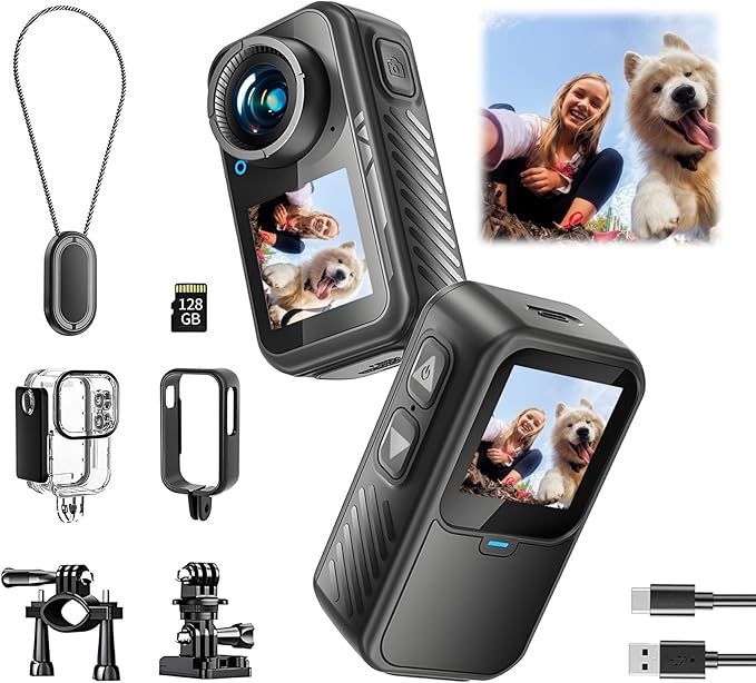 NUISK Mini Action Camera 4K | 128G Thumb Sports Camera with EIS Stabilization, Wearable POV Chest Camera, Waterproof for R...