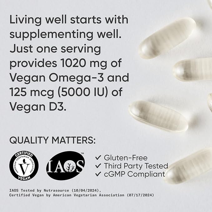 Sports Research Vegan Omega-3 with Vitamin D3 Softgels - 1020mg Omega-3 & 5000iu D3 Supplement - Fish Oil Alternative with Vitamin D - Plant-Based Support from Algae Oil - 60 Veggie Softgels for