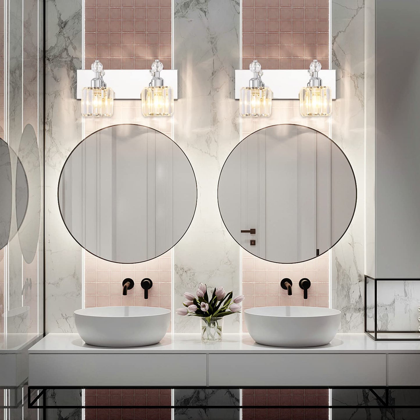 Presde 2-Light Chrome Bathroom Vanity Light - Modern Crystal Wall Sconce For Over Mirror Lighting