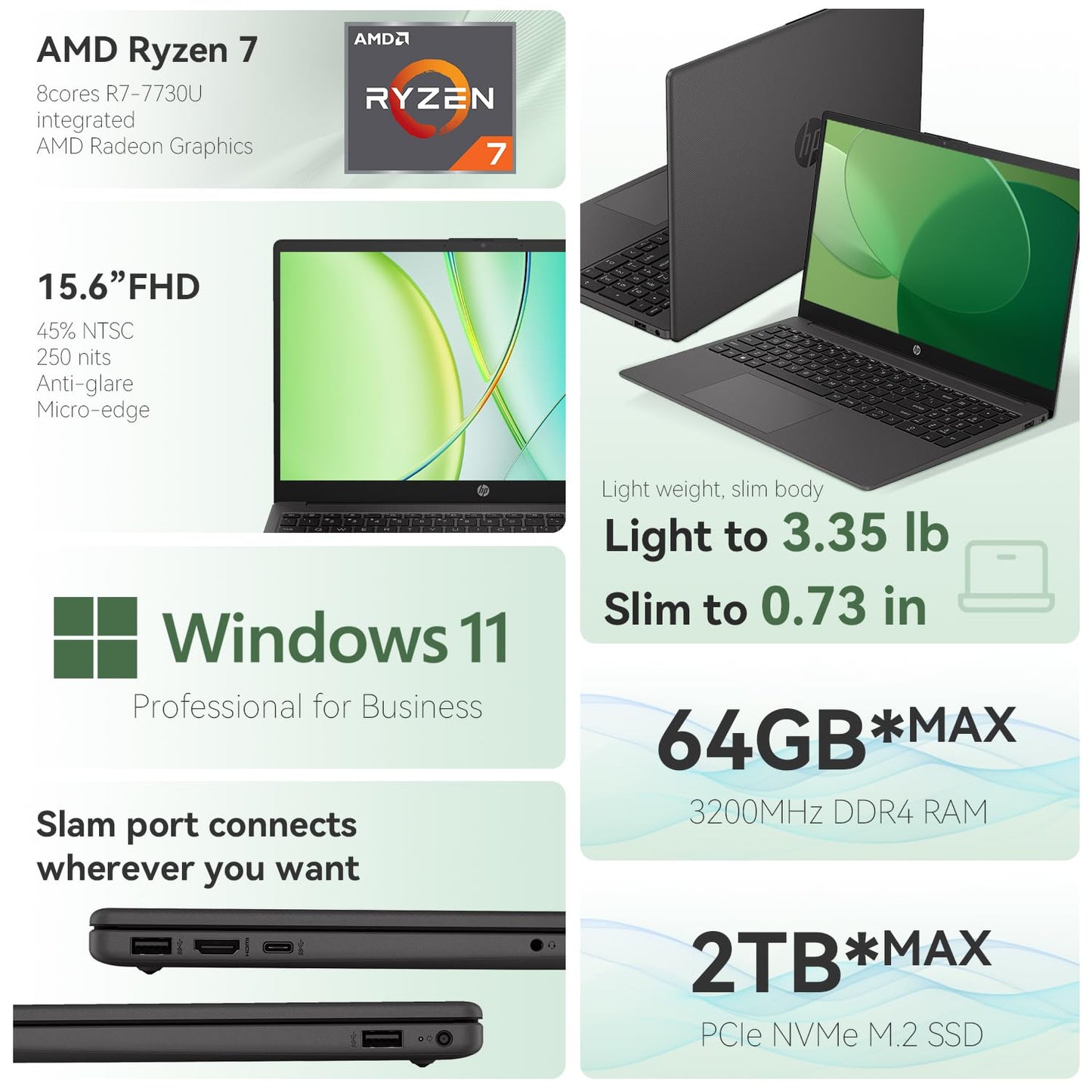 Hp 255 G10 Professional Business Laptop, Amd Ryzen 7 7730U, 15.6 Fhd Ips Display, 64Gb Ram, 2Tb Ssd, Hdmi, Wi-Fi 6, Webcam, Wind