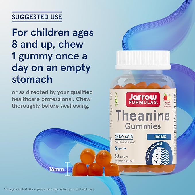 Jarrow Formulas Theanine 100 mg Gummies, Dietary Supplement That Promotes Calmness, 60 Apple-Flavored Gummies, 60 Day Supply