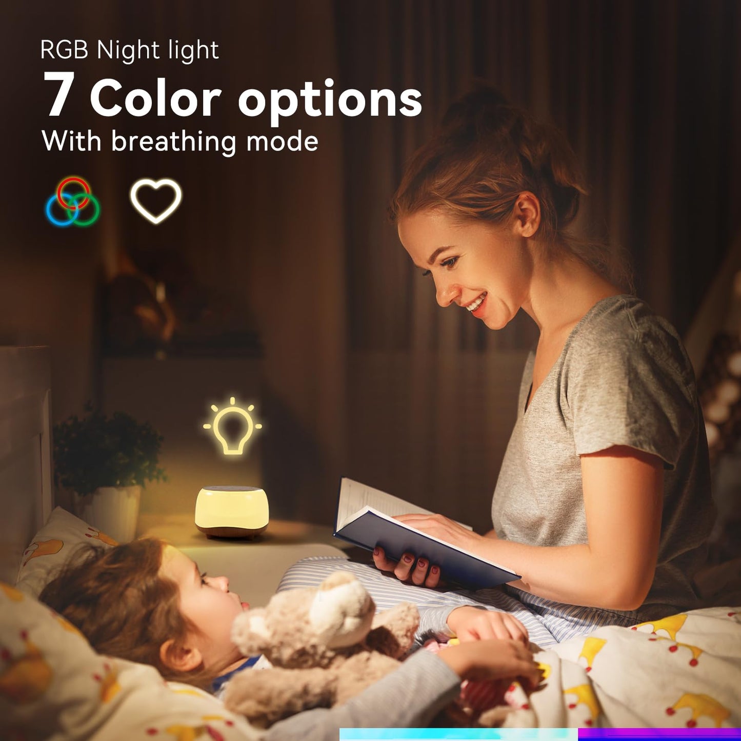 HEYAXA White Noise Sound Machine with 7 Colors Night Light 34 Soothing Sounds, Portable Sound Machine for Baby Adults Kids Sleep with 30 Volume Levels 4 Timers Adjustable Brightness (Wood Grain)