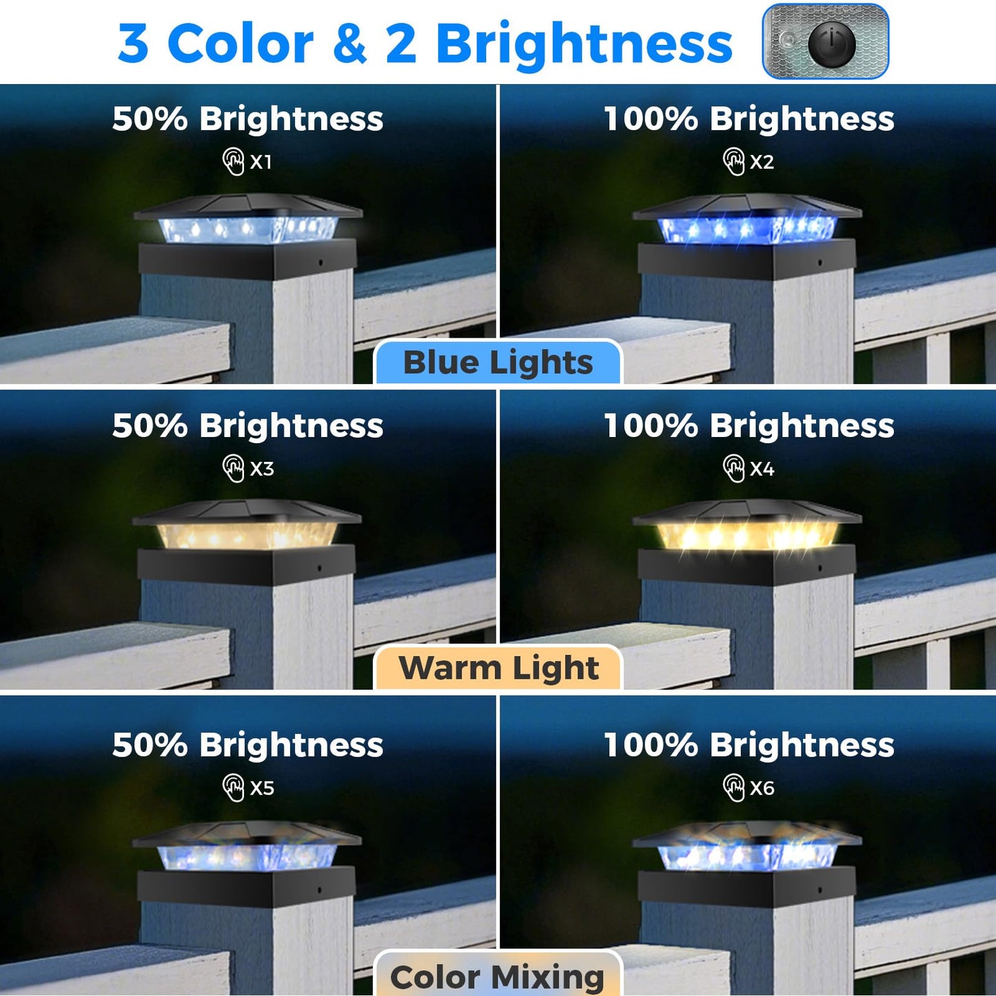 Peasur 4 Packs 4X4 Solar Post Lights Outdoor  Blue & Warm White Led Fence Caps Light Waterproof  Wood & Vinyl Post Top Lighting For Deck Mailbox Railing Porch Outside