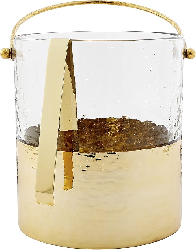 Mud Pie Gold Ice Bucket and Tongs Set, bucket 8 1/2" x 7 1/2" dia | tongs 6 1/2"