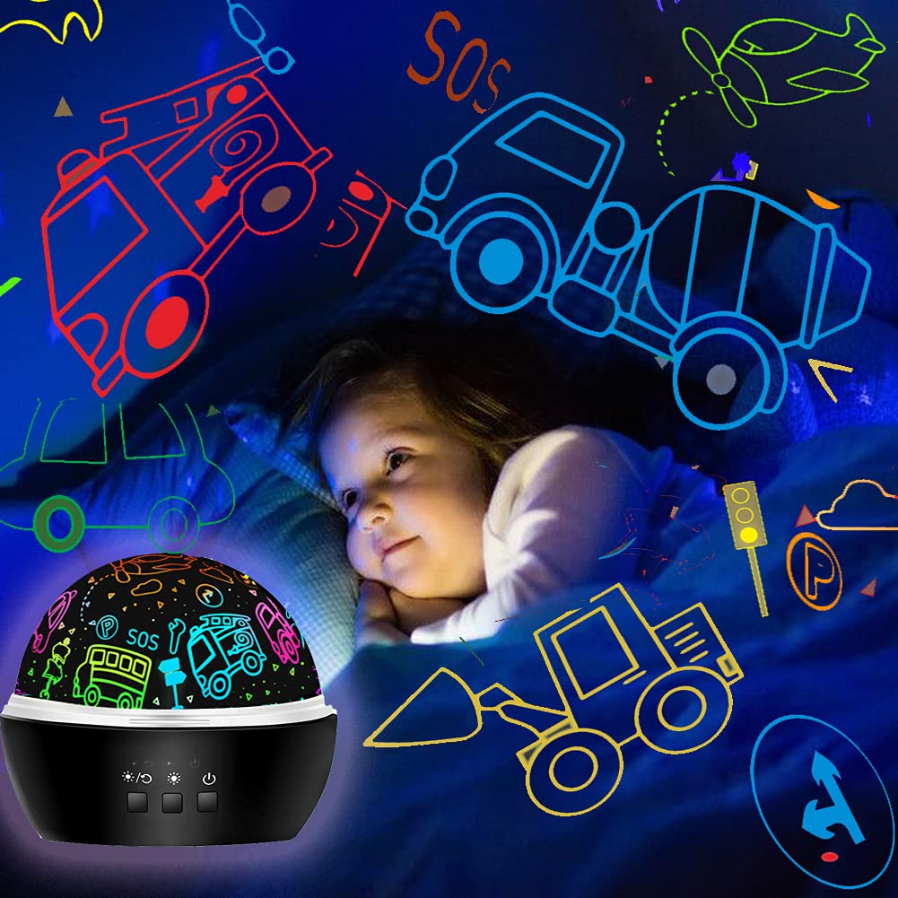 MINGKIDS Night Light Projector Lamp, 2 in 1 Dino & Vehicles Theme, Black, Model 012-1652, for Kids 3-8 Years, Room Decor