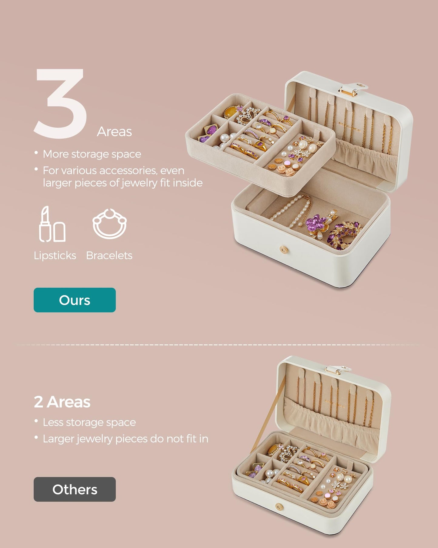 SONGMICS Jewelry Organizer Box, 2-Layer Travel Case for Earrings, Necklaces, Bracelets - Portable Jewelry Storage with Large Cap