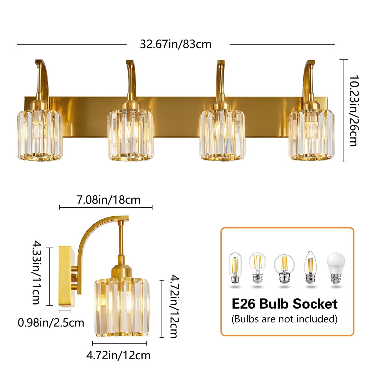 Fdpby 4-Light Crystal Vanity Light  Modern Gold Bathroom Wall Sconce With K9 Crystal Shades  32.67 Long Over Mirror Lighting For Vanity  Makeup  Hallway  Elegant & Easy Install