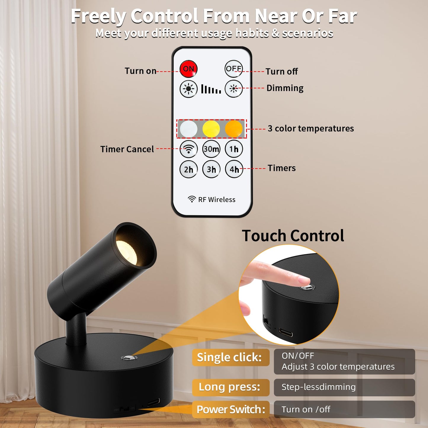 GORDNWE Rechargeable LED Spotlight Wireless Remote Control Black 1 Pack Model DX0004
