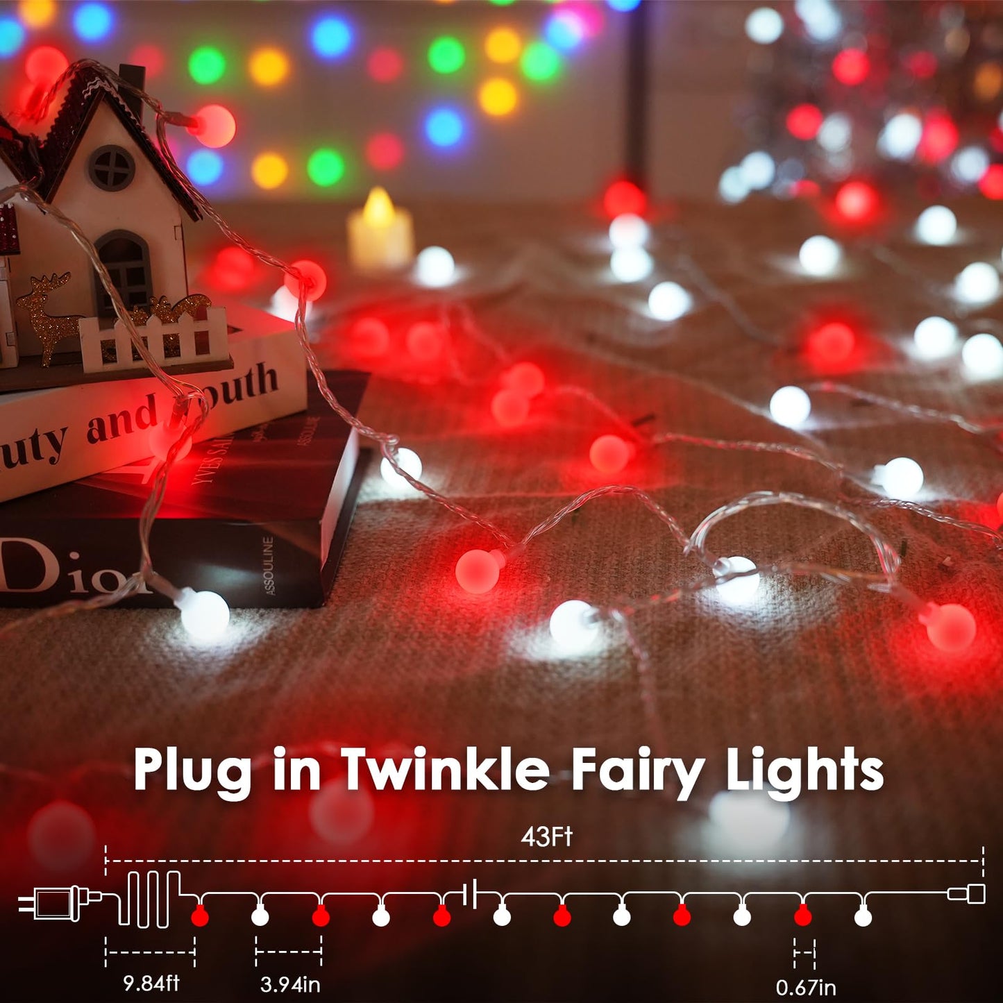 43Ft 100Led Connectable Christmas String Lights Indoor Outdoor - Red And White Fairy Lights Plug In With Remote & 8 Modes  Globe Twinkle Light For Christmas Decorations Bedroom Room Tree Party
