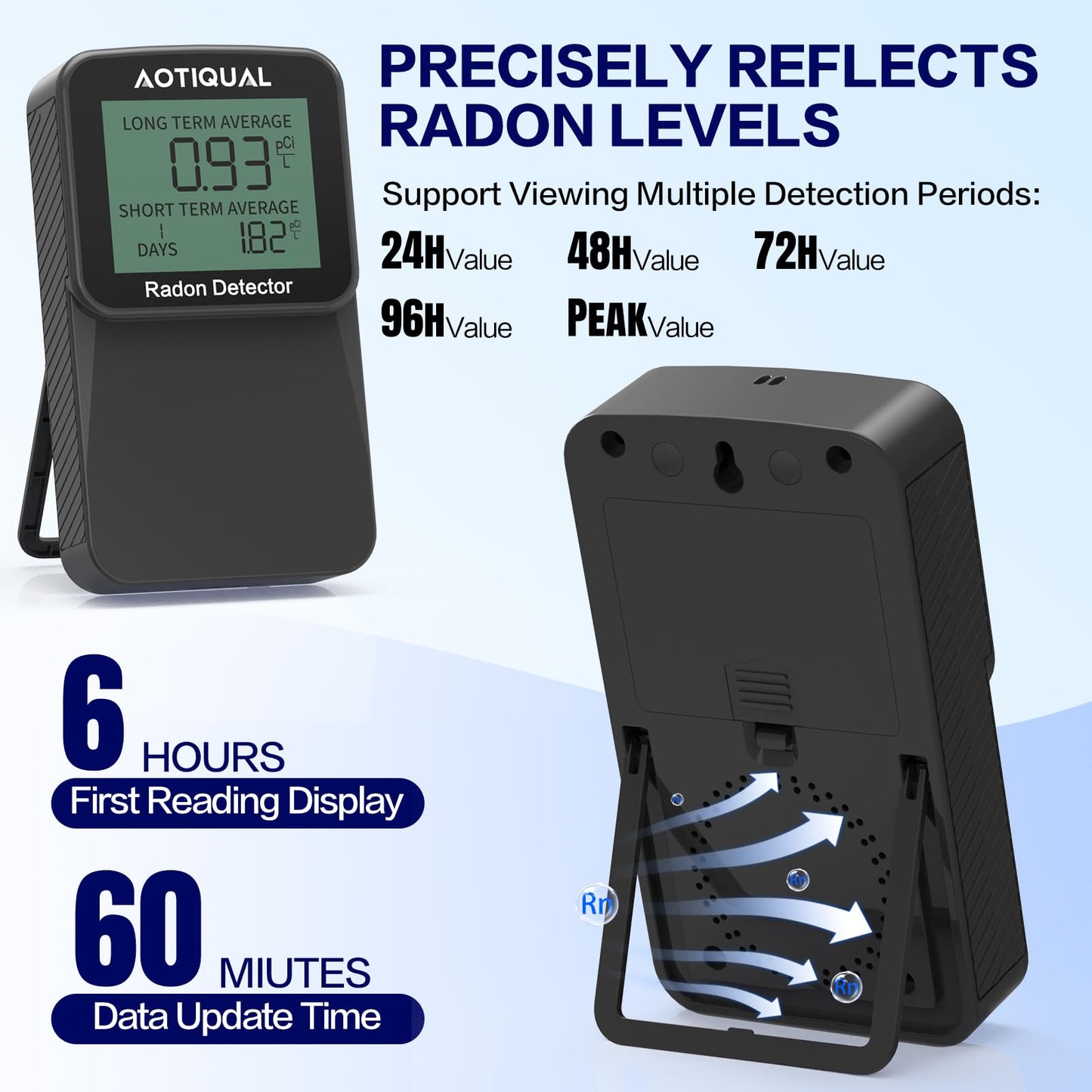Digital Radon Detector LCD Display Dual USB Battery Power Options 3 Year Battery Life 10 Year Sensor Lifespan Accurate pCiL Concentration Detection for Home and Office Use