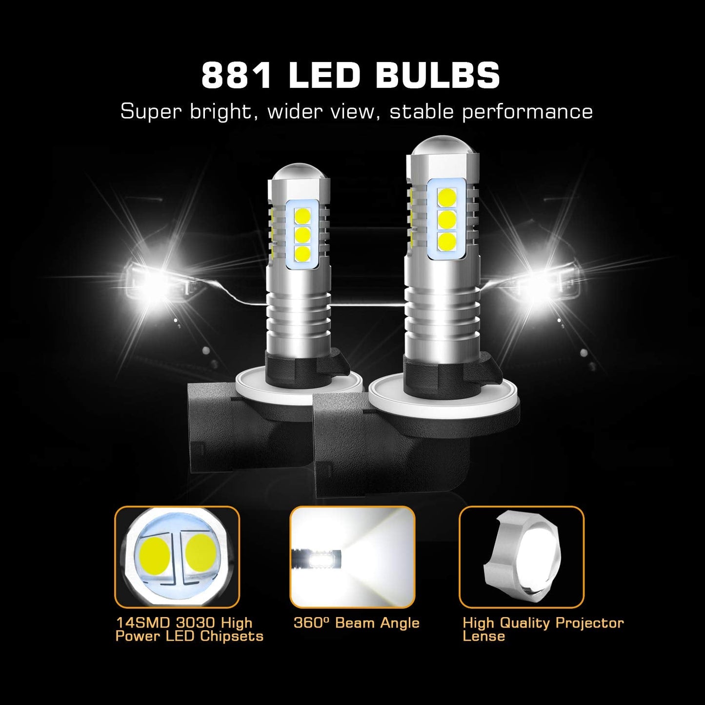 BRISHINE LED Fog Light Bulbs, 6000K Xenon White, 3030 Chips, 881/889, Aluminum, Pack of 2