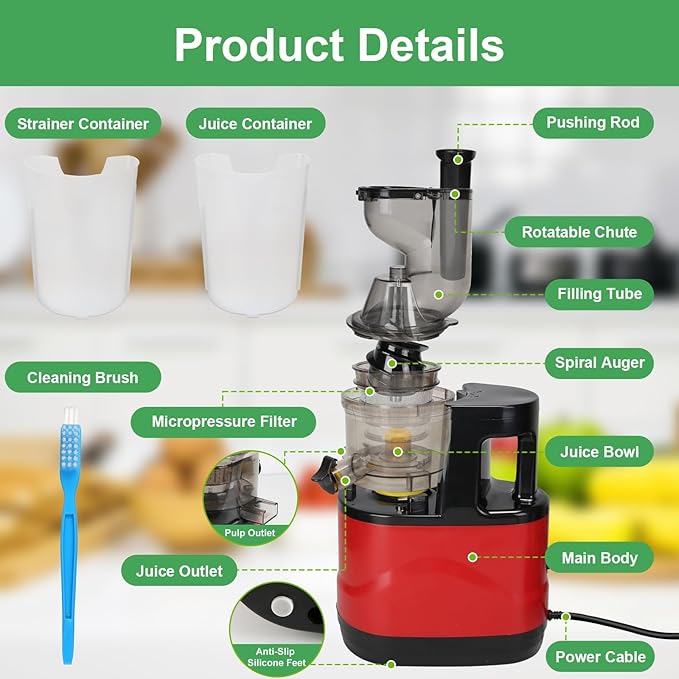 Cold Press Juicer,300W Electric Masticating Juicer Machines with 3" Large Feed Chute for Whole Fruits and Vegetables,Upgraded High Juice Yield Juice Extractor Machine with 2 Cups,Easy to Clean