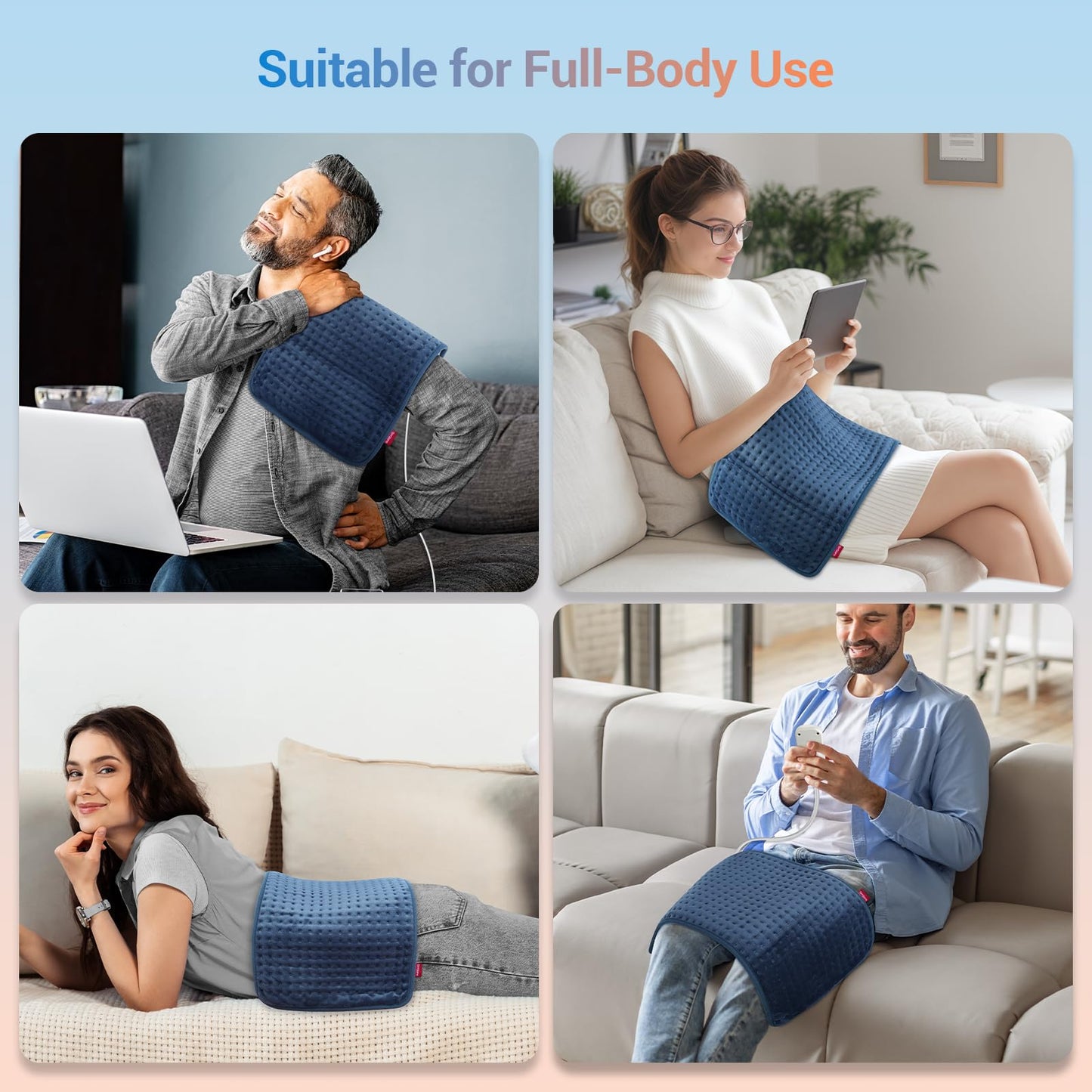 Comfytemp Heating Pad for Back Pain Relief Gifts for Fathers Day, Electric Heating Pad for Period Cramps, Moist/Dry Heat, 3 Heat Settings, 2H Auto Off, Machine Washable (12" x24", Navy Blue)