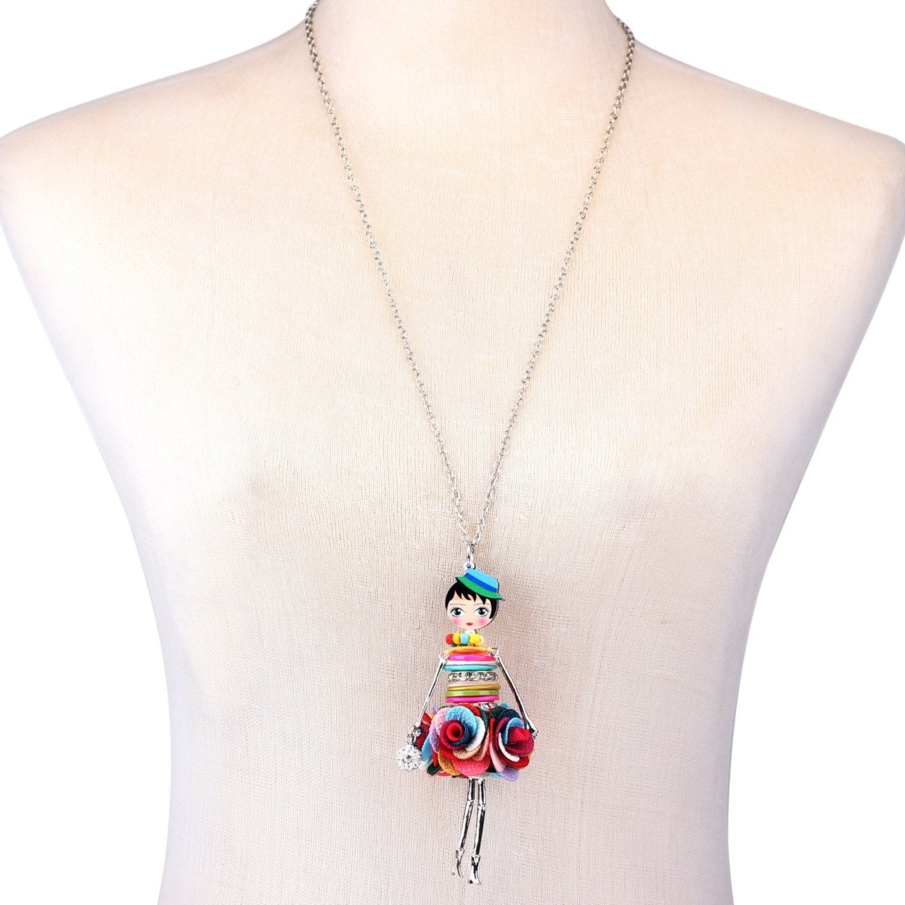 BONSNY Paris Doll Necklace Dress Handmade Pendant News Alloy Metal Crystal Flower Long Chain Fashion Jewelry