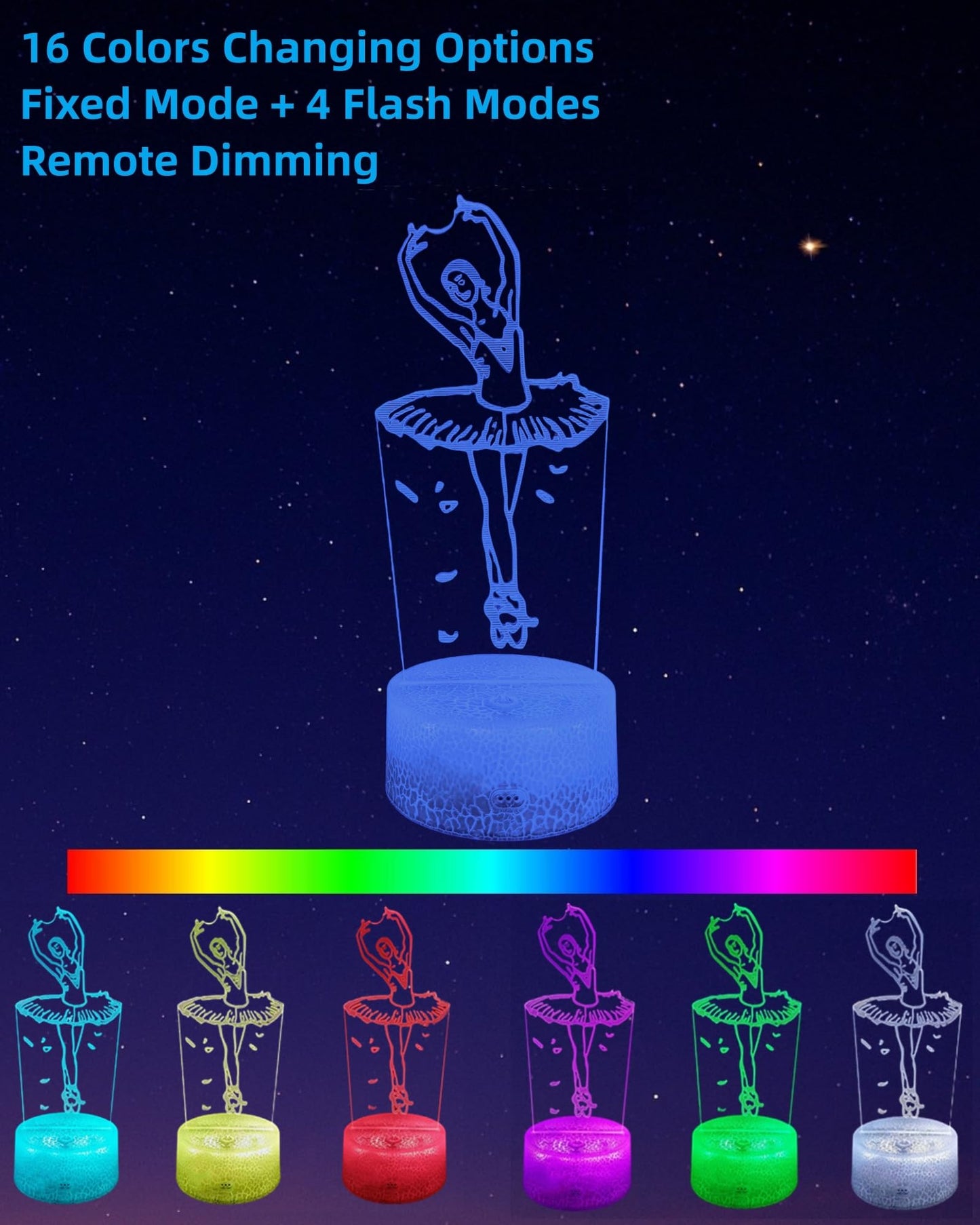 Kenmaca Ballet Dance Night Light, 3D Illusion LED Lamp, 16 Colors, Touch & Remote Control, Multicolor, Plastic