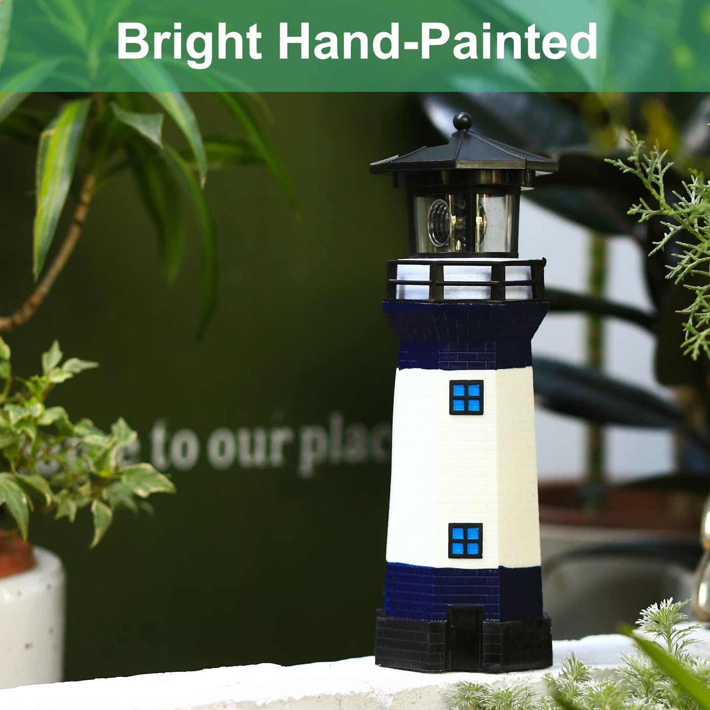 WDLFCGC Solar Powered Lighthouse - 12in Tall, Rotating Beacon, Blue, Model 3131B