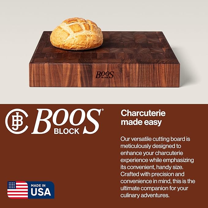 John Boos CCB Series Square Wooden Walnut Cutting Board 18”x18” – 3” Thick, 24-lb Reversible Butcher Block with End-Grain & Finger Grips – Made in the USA