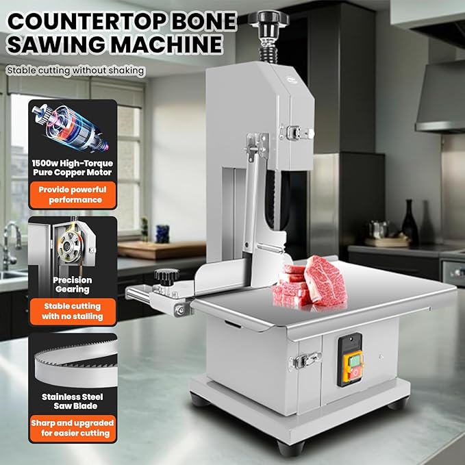 Commercial Bandsaw Machine, 1500W Electric Bone Saw Machine, 19x14" Stainless Steel Worktable, Cuts 0.04-5.0" Thickness, Frozen Meat Cutter with 8 Blades Included, for Rib Pork Beef