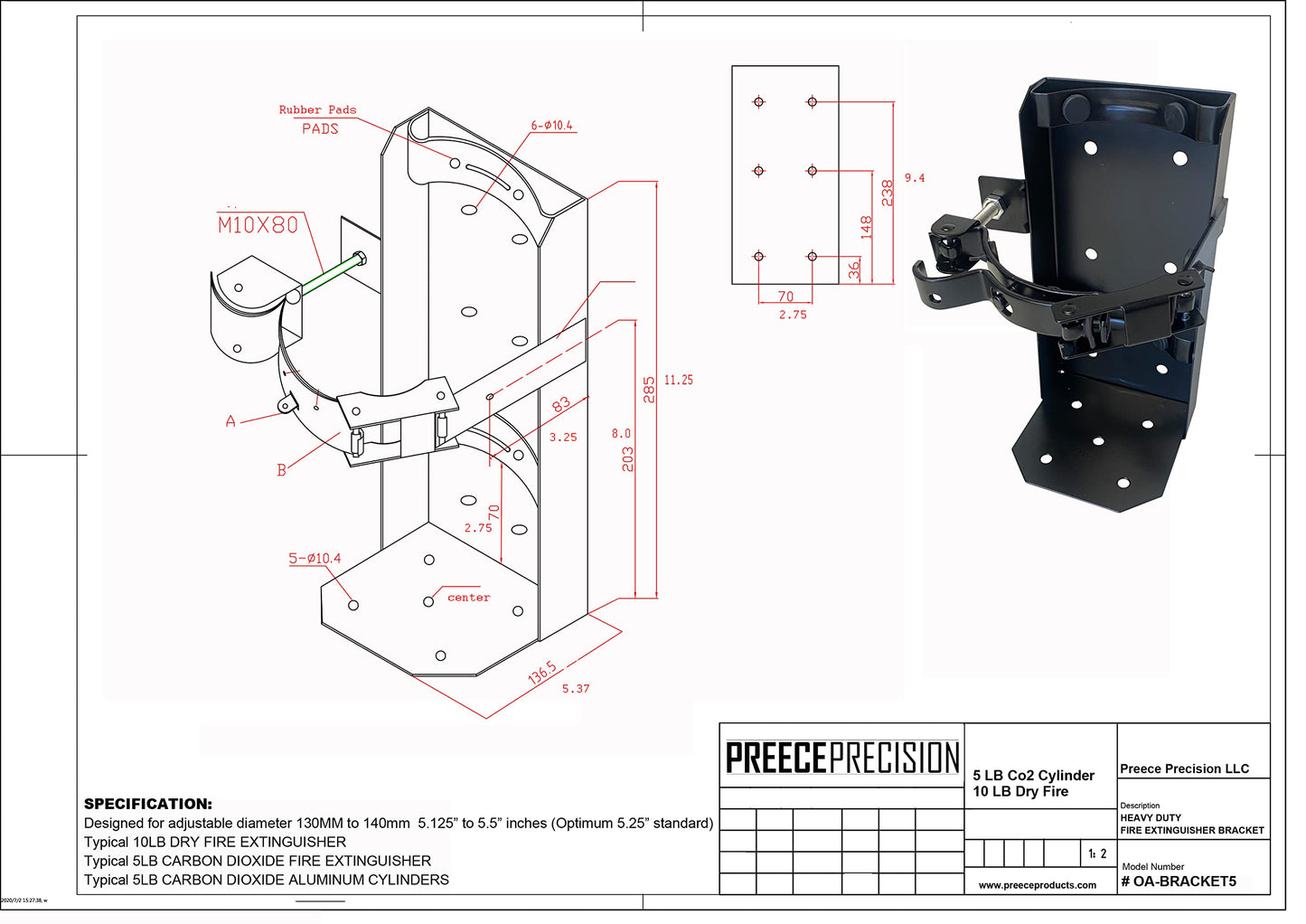 Heavy Duty Fire Extinguisher Vehicle Bracket for 10lb Dry and/or 5lb Co2 Generic for 809