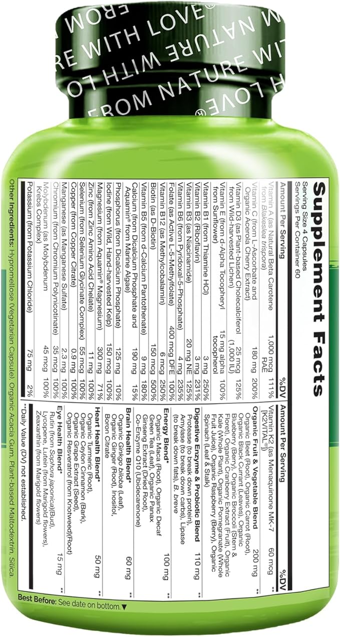 NATURELO Mens Multivitamins - Whole Food Multivitamin for Men with Vitamins, Minerals - 240 Vegetarian Capsules for Energy, Brain, Heart, Eye Health*