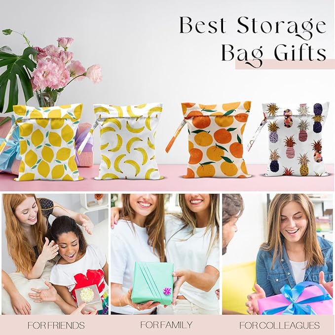 4Pcs Waterproof Wet Bag for Swimsuit, Travel Beach Wet Dry Bag, Hidden Zipper Reusable Lemon Pineapple Banana Orange Decor, for Travel Beach Wet Swimsuits Toiletries Diapers Laundry Bag