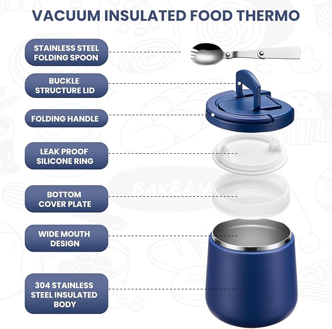 Kids Thermo for Hot Food 20oz Lunch Containers with Buckle Lid Wide Mouth Hot Food Jar Vacuum Insulated Stainless Steel Bento Box Leakproof with Spoon(Blue)