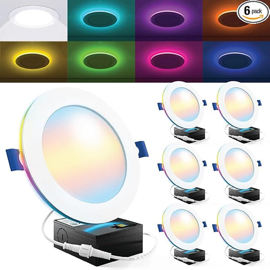 Sunco 6 Pack 6 Inch Smart Ultra Thin LED Recessed Ceiling Lights with Night Light, Tunable CCT 2700K to 6000K, Dimmable, 1...