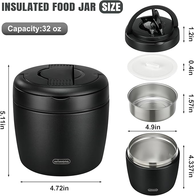 Thermo Food Jar for Hot Food Adults 32OZ Soup Thermo Lunch Containers Wide Mouth Vacuum Insulated Stainless Steel Leakproof Bento Box with Spoon (Black)